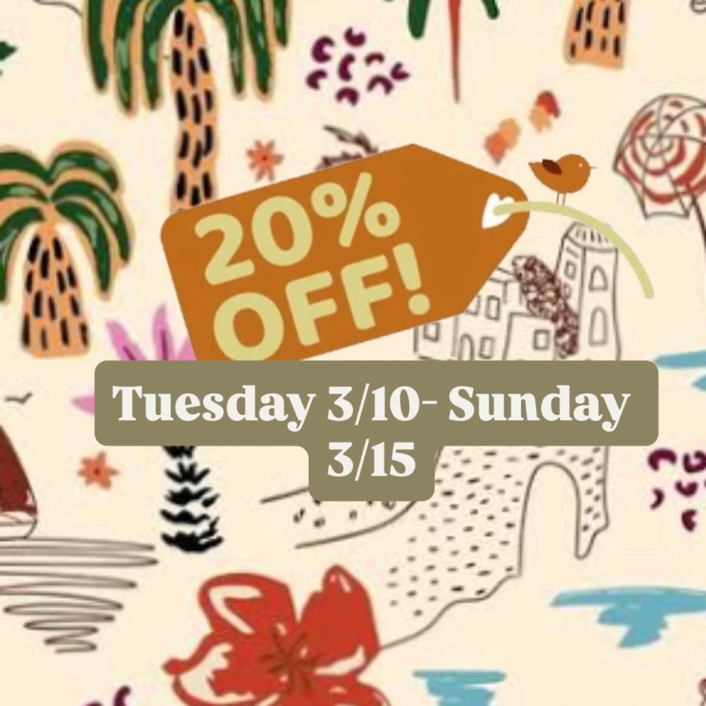 20% off all inventory! Happy shopping! 🛍️